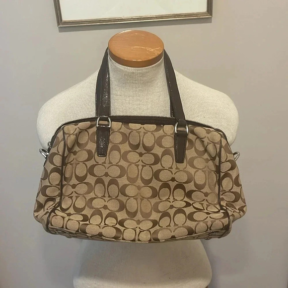 Coach - Signature Stripe Nancy Satchel Handbag 28505 - Khaki Brown Mahogany - Picture 3 of 15